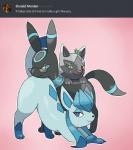 2018 ask_blog butt darknsfwindie eeveelution eyewear fan_character female feral freya_howell generation_2_pokemon generation_3_pokemon generation_4_pokemon glaceon glasses group heart_eyes heart_symbol hi_res juniper_(wanderlust) kaz_mercais male nintendo pink_background pokemon pokemon_(species) poochyena presenting presenting_hindquarters simple_background umbreon wanderlust