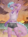 anthro armpit_hair beach bedroom_eyes big_tail blue_hair body_hair chest_hair clothed clothing cloud dragon facial_piercing green_eyes hair happy_trail hi_res leon_cheetah long_tail looking_at_viewer male mythological_creature mythological_scalie mythology narrowed_eyes nose_piercing nose_ring outside pantsless piercing pink_body pink_skin ring_piercing scalie scratching_head sea seductive shirt sky skyscape solo standing sun sunset tail tank_top topwear water