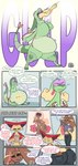 abdominal_bulge absurd_res ambiguous_gender anthro bottomwear burping clipboard clothing comic delcatty dialogue digestion digestion_noises duo eclairscollection english_text flygon generation_3_pokemon generation_4_pokemon gesture hand_gesture hi_res hybrid hybrid_pokemon lopunny lucario memory_card neck_bulge nintendo oral_vore pants photo pockets pokemon pokemon_(species) shiny_pokemon soft_vore sound_effects speech_bubble swallowing swallowing_sound_effect tail tail_motion tape text thought_bubble trait_theft transformation transformation_through_vore v_sign vore willing_prey