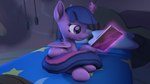 16:9 3d_(artwork) 4k absurd_res bed bedroom book cutie_mark digital_media_(artwork) equid equine female feral friendship_is_magic furniture hasbro hi_res horn horse magic mammal my_little_pony mythological_creature mythological_equine mythology pony purple_body quadruped reading reading_book relaxing solo source_filmmaker_(artwork) stuffguy123 twilight_sparkle_(mlp) widescreen winged_unicorn wings