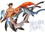 5_fingers abs absurd_res ambiguous_gender animal_genitalia biceps claspers countershade_torso countershading dorsal_fin ear_fins english_text eyebrows feral fin fingers fish genitals gills group hair hi_res holding_object holding_weapon legless mackerel_shark male marine merfolk mondoart muscular muscular_male open_mouth open_smile pecs scar shark shark_merfolk simple_background smile split_form tail tail_fin taur text thresher_shark trio weapon white_background x_scar