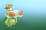 2017 absurd_res areola big_areola big_breasts big_nipples blue_background breast_expansion breasts clothed clothing crown elemental_creature elfdrago expansion female flora_fauna flower generation_5_pokemon gradient_background grass green_background headgear hi_res huge_areola huge_breasts huge_nipples humanoid hyper hyper_areola hyper_breasts hyper_nipples lilligant looking_at_breasts looking_at_own_breasts looking_at_self looking_down musical_note musical_symbol nature nintendo nipples non-mammal_breasts not_furry one_eye_closed orange_eyes orange_sclera outside plant pokemon pokemon_(species) pokemorph pseudo_clothing simple_background sky smile solo standing symbol tiara topless white_body yellow_eyes