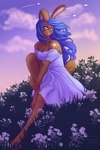 2019 anthro blue_clothing blue_dress blue_hair brown_body brown_fur clothed clothing cloud digital_media_(artwork) dress ear_piercing ear_ring eyelashes eyewear female floppy_ears flower fur glasses grass hair hi_res lagomorph long_ears long_hair looking_aside mammal markings open_mouth open_smile outside piercing pink_inner_ear plant purple_eyes rabbid raving_rabbids rayman_(series) ring_piercing shooting_star sitting sky smile solo star tan_markings teeth tiggybloom ubisoft white_flower