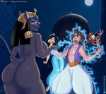 abu_(aladdin) aladdin_(disney) anthro back_boob breasts clothed clothed/nude clothing disney disney's_aladdin domestic_cat el-loko felid feline felis female feral group haplorhine human magic magic_user male mammal mirage_(disney) monkey mostly_nude nude pre-transformation primate princess_jasmine_(disney) rear_view shocked trio wide_hipped_female wide_hips zapped