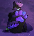 aliscik animated anthro canid canine cosmic_hair ethereal_hair feet femboy first_person_view foot_focus fox hi_res kitsunaki male mammal pawpads paws purple_body purple_pawpads short_playtime solo teasing