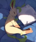 2024 acting_like_a_cat ambiguous_gender bed eeveelution eyes_closed feral fur furniture generation_4_pokemon leafeon lying multicolored_body multicolored_fur nagasaki_wonderful_polyester nintendo on_bed on_side pillow pokemon pokemon_(species) solo tail