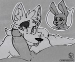 6:5 anthro bonnie_(fnaf) canid canine devfoxnsfw duo five_nights_at_freddy's fox foxy_(fnaf) frottage fur genitals lagomorph leporid looking_at_viewer male male/male mammal monochrome penile penis rabbit scott_cawthon scottgames sex simple_background smile smiling_at_viewer tongue tongue_out