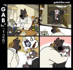 ailurid akita anthro anthro_on_anthro bau_husky beer_bottle bodily_fluids bottle bow_(feature) bow_tie breath brown_body brown_fur brown_hair canid canine canis clothing comic container dialogue domestic_dog ellipsis eyewear facial_hair female fox fur gab_(comic) gabshiba glasses grey_body grey_fur group hair hug husky male male/male mammal mastiff minister molosser mustache necktie nordic_sled_dog panting pictographics pit_bull red_panda ruff_bull siberian_husky speech_bubble spitz suit tears text url voff_akita white_body white_clothing white_fur white_suit