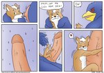 2012 anthro avian beak bird canid canine comic dialogue digital_drawing_(artwork) digital_media_(artwork) duo english_text erection extreme_size_difference falco_lombardi fox fox_mccloud genitals heart_symbol hug hugging_another hugging_penis james_howard macro male male/male mammal nintendo nipples penis siman-clifton size_difference star_fox tail text url