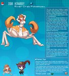 arthropod arthropod_taur crab crab_taur crustacean crustacean_taur decapoda duo english_text female generation_1_pokemon hair hi_res horn human kinkymation krabby malacostracan male mammal marine marine_taur multi_leg multi_limb nintendo orange_hair pincers pokemon pokemon_(species) pokemorph purple_hair species_description species_name species_sheet taur text text_box yellow_eyes