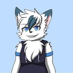 1:1 anthro black_nose blue_background blue_eyes canid canine canis chest_tuft clothed clothing dipstick_ears ear_markings fiona_(artist) fur grin hair male mammal multicolored_ears rush_the_wolf shirt simple_background smile solo tank_top topwear tuft white_body white_fur wolf