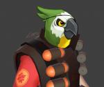 anthro anthrofied avian beak bird bird-man_of_aberdeen clothing demoman_(team_fortress_2) feathers green_body green_feathers grey_background lintufriikki macaw male neotropical_parrot parrot simple_background solo team_fortress_2 true_parrot valve yellow_eyes