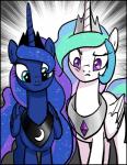 2016 amethyst_(gem) blue_body blue_eyes blue_feathers blue_fur blue_hair blue_horn blue_tail choker clothed clothing cosmic_hair cosmic_tail crown duo equid equine ethereal_hair eyebrows eyelashes feathered_wings feathers female feral fluffy fluffy_tail friendship_is_magic front_view frown fur gem glistening green_hair green_tail grey_background hair hasbro headgear hi_res horn horse jewelry light long_hair long_horn long_neck long_tail looking_down mammal multicolored_hair multicolored_tail my_little_pony mythological_creature mythological_equine mythology necklace pencils_(artist) pink_hair pink_tail pony princess princess_celestia_(mlp) princess_luna_(mlp) pseudo_hair purple_eyes purple_hair purple_tail reaction_image royalty shadow sibling_(lore) silver_(metal) silver_jewelry simple_background sister_(lore) sisters_(lore) smile tail tiara unicorn_horn white_background white_body white_feathers white_fur white_horn winged_unicorn wings