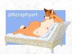 4:3 absurd_res anthro big_breasts big_hair blonde_hair breasts canid canine digital_media_(artwork) female fluffy fluffy_tail fox fur furniture genitals hair hands_on_legs hands_on_thighs heart_eyes heart_symbol hi_res keraphy_(character) keraphyart lying_on_sofa mammal nipples nude on_sofa pink_eyes pussy simple_background smile sofa solo tail thick_thighs vaginal