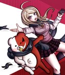 2016 accessory ahoge ambiguous_gender anthro bear black_eyes blonde_hair blush blush_stickers bottomwear breasts clothed clothing danganronpa danganronpa_v3 digital_media_(artwork) duo eyebrows eyelashes featureless_crotch female footwear fully_clothed genetic_chimerism geometric_background grid_background grin hair hair_accessory hairpin holding_object holding_weapon human kaede_akamatsu knee_highs knee_socks ktokei legwear light_body light_skin mammal monokubs monotaro mostly_nude motion_lines navel object_in_mouth open_mouth pacifier pacifier_in_mouth pattern_background print_bottomwear print_clothing print_skirt purple_eyes ranged_weapon red_background red_body scarf scarf_only shuriken simple_background size_difference skirt smile socks spike_chunsoft split_color teeth tongue topwear vest weapon white_background white_body