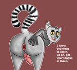 anatomically_inaccurate anthro anus bent_over butt charl33 dreamworks english_text erection fur grey_body grey_fur hand_on_butt hi_res king_julien lemur looking_at_viewer madagascar_(series) male mammal markings primate ring-tailed_lemur simple_background solo strepsirrhine striped_markings striped_tail stripes tail tail_markings talking_to_viewer text