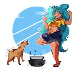 absurd_res blue_hair brazil brazilian_miku breasts canid canine canis clothed clothing dancing dancing_brazil_dog digital_media_(artwork) domestic_dog duo female feral fur hair hatsune_miku hi_res human long_hair looking_at_viewer mammal meme music peterson_drawn simple_background smile tail tanned tanned_skin tongue topwear vocaloid