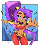 belly_dancer blue_eyes breasts brown_body brown_skin cleavage clothed clothing dancing dred-z ear_piercing ear_ring female genie hair humanoid humanoid_pointy_ears long_hair musical_note musical_symbol navel not_furry piercing ponytail purple_hair ring_piercing shantae shantae_(series) solo symbol wayforward