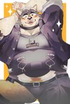 anthro belt blep blush canid canine canis cocobucker collar domestic_dog eyebrows fur hi_res lifewonders live_a_hero male mammal multicolored_body multicolored_fur muscular muscular_anthro muscular_male one_eye_closed pawpads solo sparkles sterio thick_eyebrows tongue tongue_out wink