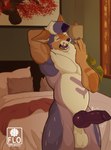 absurd_res animal_genitalia anthro awake awakening ball bed bedroom belly big_knot canid canine canine_genitalia canis colored_nails erection flexing flomarcy fox furniture genitals hi_res knot male mammal muscular nails nude open_mouth pecs sheath solo solo_in_panel teeth watermark yawn