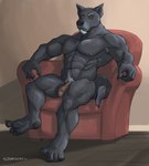 2016 5_toes abs anthro armchair armpit_hair armpit_tuft barazoku big_chest black_body black_claws black_fur black_nose black_pawpads body_hair broad_shoulders canid canine canis chair chin_tuft claws digital_drawing_(artwork) digital_media_(artwork) facial_tuft feet finger_claws fingers flaccid floor foreskin fur furniture genitals grey_body grey_fur hi_res humanoid_feet humanoid_genitalia humanoid_penis inside looking_at_viewer male mammal mature_anthro mature_male navel nipples nude on_chair pawpads pecs penis pink_nipples pink_penis plantigrade pubes raised_foot sampsonwoof serratus shaded signature sitting sitting_on_chair smile solo story story_in_description toe_claws toes tuft wolf wood wood_floor yellow_eyes