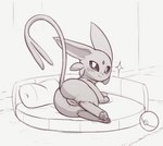 2018 anus butt digital_drawing_(artwork) digital_media_(artwork) eeveelution espeon female feral generation_2_pokemon genitals greyscale kekitopu line_art looking_at_viewer monochrome nintendo pawpads pokeball pokemon pokemon_(species) pose presenting presenting_hindquarters pussy raised_tail round_bed simple_background smile solo tail