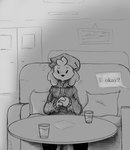 cafe canid canine canis date dialogue dog_boy_(mevka) domestic_dog embarrassed fox furniture male mammal mevka_(artist) monochrome nervous romantic shy solo speech_bubble table