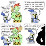 1:1 armor breasts clothed clothing comic dialogue english_text female green_body green_skin hair headgear helmet human knight larger_female male mammal marko_comics muscular muscular_female not_furry orc red_hair size_difference speech_bubble text tooth_necklace warrior yellow_eyes zira_(marko)