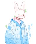 2023 angry anthro blue_clothing blue_jacket blue_topwear blush blush_lines bunonthemoon clothing fur jacket lagomorph leporid male mammal rabbit solo sprout_(plant) topwear white_body white_fur