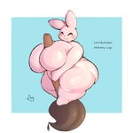 1:1 anthro big_breasts blush breasts brush english_text eyes_closed female happy hi_res huge_breasts inkbunny inkbunny_(character) lagomorph leporid lightmizano mammal mascot pink_body rabbit simple_background slightly_chubby smile solo text thick_thighs