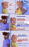 5:8 anthro bear brown_body brown_fur brown_hair clothed clothing comic dialogue digital_media_(artwork) domestic_cat duo ear_piercing english_text felid feline felis fur hair heterochromia hi_res klenn_(sleepywozzy) male male/male mammal matt_(sleepywozzy) mature_anthro mature_male open_mouth overweight overweight_anthro overweight_male piercing red_eyes simple_background sleepywozzy smile text topwear