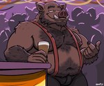 6:5 anthro banner bear_pride_colors body_hair bottomwear bulge chest_hair clothing flag flag_on_wall gesturing_at_viewer hi_res holding_beer lgbt_pride male mammal musclegut muscular nanoff nightclub nipples pants pride_color_banner pride_color_flag pride_colors shirtless smile smiling_at_viewer solo suarez_(nanoff) subculture_pride_colors suid suina sus_(pig) suspenders wild_boar