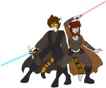 2018 anthro bengal_tiger blue_lightsaber clothed clothing crossguard_lightsaber digital_drawing_(artwork) digital_media_(artwork) duo felid feline female fur jacob_craigo jedi katarenia_nomina lightsaber looking_at_viewer male mammal melee_weapon pantherine red_lightsaber siberian_tiger simple_background skidd star_wars stripes tail tiger weapon