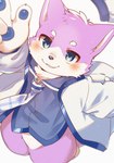 2024 anthro biped blue_eyes blue_pawpads blush blush_lines domestic_cat felid feline felis fur hi_res kemono looking_at_viewer male mammal pawpads pink_body pink_fur solo white_body white_fur wieneko138226