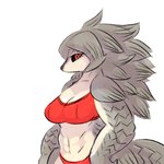 0oita 1:1 anthro biped black_sclera bra breasts clothed clothing countershading digital_media_(artwork) female grey_body grey_hair grey_scales hair half-length_portrait hand_on_hip long_hair looking_at_viewer mammal medium_breasts pangolin panties pengrim_pholidota portrait red_bra red_clothing red_eyes red_panties red_underwear scales simple_background solo underwear underwear_only white_background white_body white_countershading