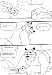 2023 anthro bernielover blush bulge canid canine clothed clothing comic dialogue disney duo english_text eye_contact fan_character fox gideon_grey hi_res lagomorph leporid looking_at_another lying lying_on_top male male/male mammal monochrome nate_hopps overweight overweight_male pillow rabbit red_fox shirt tank_top text topless topwear true_fox underwear zootopia