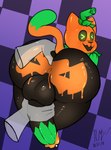 absurd_res anal anal_fingering anthro backsack balls big_balls big_butt big_penis blush bodily_fluids bodypaint butt disembodied_hand domestic_cat duo felid feline felis fingering food fruit genital_fluids genitals hi_res jack-o'-lantern male mammal paws penis plant precum pumkat pumpkin raccoon_mints rear_view solo_focus stroking_penis tail thumb_in_ass