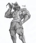 anthro barazoku biceps big_muscles bottomwear bulge canid canine canis clothing collar doggie_kruger domestic_dog ears_up eyewear fur hair hi_res lifeguard male mammal monochrome muscular muscular_anthro muscular_male nipples pants pecs pinumontbalou power_rangers power_rangers_spd scales sleeveless_shirt solo sunglasses whistle_(object)