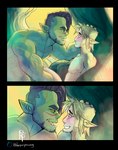 absurd_res blonde_hair blush daspurplesong duo elf green_body green_skin hair hi_res humanoid humanoid_pointy_ears male muscular muscular_humanoid muscular_male not_furry orc pointy_ears scar scars_all_over