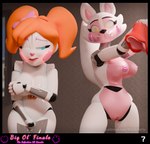 2024 3d_(artwork) animatronic anthro areola assisted_exposure blackterio blender_(artwork) blue_eyes bottomwear canid canine circus_baby_(fnaf) clothed clothing digital_media_(artwork) duo female female/female five_nights_at_freddy's fox funtime_foxy_(fnaf) genitals hair hi_res humanoid machine mammal nipples nude orange_hair pussy red_bottomwear red_clothing red_skirt red_topwear robot scottgames sister_location skirt suit topless topwear white_body