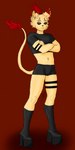 1:2 anthro black_sclera boots boxers_(clothing) bulge cinni_bunnie clothed clothing digital_media_(artwork) domestic_cat felid feline felis footwear fur hair hi_res high_heeled_boots high_heels horn k'iperok male mammal midriff muscular navel shoes simple_background socks solo underwear