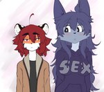 absurd_res anthro big_breasts blue_body blue_ears blue_fur blue_hair blush breasts canid canine canis cheek_tuft clothed clothing cover cover_art cover_page digital_media_(artwork) domestic_dog duo english_text facial_tuft felid female fur hair hi_res hoodie inner_ear_fluff konosuke_(mrgolla) long_hair looking_at_another male male/female mammal mini_(puppy_in_space) mrgolla multicolored_body multicolored_fur orange_body orange_fur pantherine red_hair simple_background size_difference stare text tiger topwear tuft two_tone_body two_tone_face two_tone_fur white_body white_fur white_inner_ear