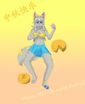 absurd_res anthro blue_eyes bottomwear breasts clothed clothing digitigrade english_text female fur gradient_background grey_body grey_fur hi_res lingyue looking_at_viewer pawpads simple_background skirt solo tail text