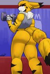 2024 annoyed anthro anus bandai_namco bdgym bear213 bottomless breasts butt clothed clothing digimon digimon_(species) digital_media_(artwork) exercise female full_render genitals gym hair hi_res inside looking_at_viewer low-angle_view neck_tuft partially_clothed pussy renamon short solo standing toony tuft weights workout