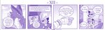 4koma ambiguous_gender anthro bed braver_(vavacung) canid canine clothing comic dialogue disaster_dragon dragon duo english_text feral flashback fox furniture hi_res kobold mammal mask monochrome mythological_creature mythological_scalie mythology purple_theme scalie tail text vavacung