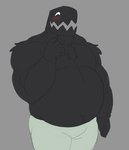 anthro black_body black_fur blush blush_lines bottomwear clothing fur gesture hand_gesture happy hi_res male monster_(geometry_dash) musclegut muscular muscular_anthro overweight overweight_anthro pants pointing pointing_at_self rahzorart shirtless_male solo