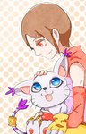 bandai_namco brown_hair clothing digimon digimon_(species) digimon_adventure_02 domestic_cat duo felid feline felis female gatomon gloves hair handwear happy hi_res hikari_kamiya holy_ring human mammal may-la tail