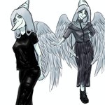 1:1 2023 anthro biped black_bottomwear black_clothing black_pants black_shirt black_topwear blue_body blue_scales bone_frill bottomwear clothing colored dark_rya eyebrows eyes_mostly_closed fang_(gvh) feathered_wings feathers feet female fingers fishnet_clothing fishnet_topwear footwear frill_(anatomy) front_view full-length_portrait goodbye_volcano_high grey_body grey_bottomwear grey_clothing grey_feathers grey_hair grey_skirt grey_topwear hair hand_behind_back hi_res humanoid_feet humanoid_hands long_hair long_skirt looking_at_viewer markings multiple_poses narrowed_eyes orange_eyes pants plantigrade portrait pose prehistoric_species pterodactylus pterosaur reptile scales scalie shirt shoes simple_background skirt smile solo standing striped_markings stripes three-quarter_portrait three-quarter_view topwear white_background wings