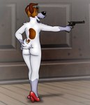 2024 5_fingers anthro anthrofied black_nose brown_body brown_fur butt canid canine canis clothed clothing crossdressing disney dodger_(disney) domestic_dog fingers folwilliar footwear footwear_only fur gun handgun high_heels high_heels_only humanoid_hands hunting_dog jack_russell_terrier male mammal mostly_nude mostly_nude_anthro mostly_nude_male oliver_and_company open_mouth open_smile ranged_weapon revolver shoes smile solo standing story story_in_description tail terrier weapon white_body white_fur