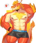 2024 abs anthro arm_tuft beard biceps blonde_hair body_hair bulge chest_hair cilok claws clothed clothing deltoids dragon ears_down eastern_dragon elbow_tuft facial_hair hair hand_behind_head hand_on_hip happy_trail hi_res horn looking_at_viewer male multicolored_body muscular muscular_anthro muscular_male mythological_creature mythological_scalie mythology nipples orange_hair pecs pivoted_ears pubes question_mark raised_arm red_body red_eyes scales scalie shaded solo tail tail_tuft teeth text text_on_clothing topless triceps tuft two_tone_body underwear underwear_only wristband